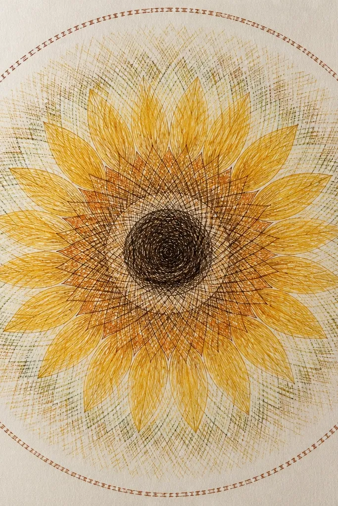 A sunflower mandala where petals are drawn with short scribble strokes that point downward. The center is a dark scribbled spiral, and the mandala rings use crosshatching that fades toward the edge. There's a thin border made of repeated short dashes.