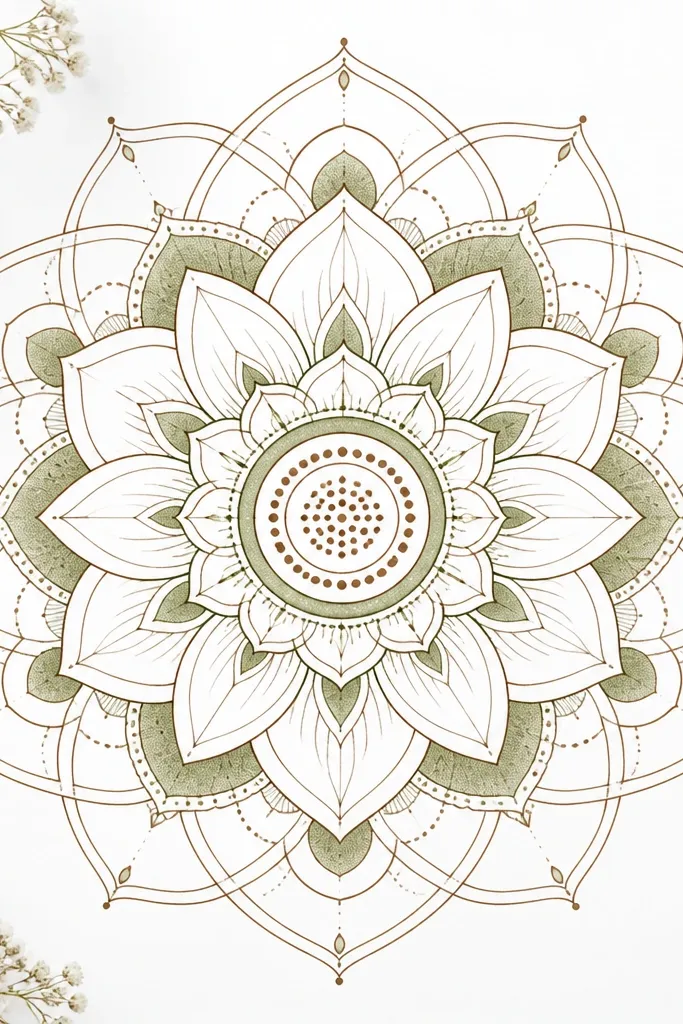 A clean mandala with only two ink colors. The petals are outlined in sepia-brown, and shadows are in muted olive. The center has sepia dots and olive ring highlights. The background is mostly white with thin mandala linework.