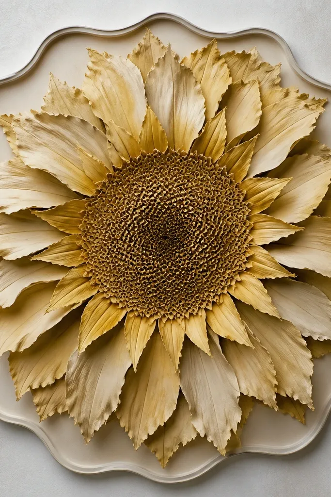 A sunflower mandala where the outer petals have uneven, torn-looking edges. The petals droop downward and overlap like layered paper. The center is dense with small curved lines, and the outer border is a wavy frame.