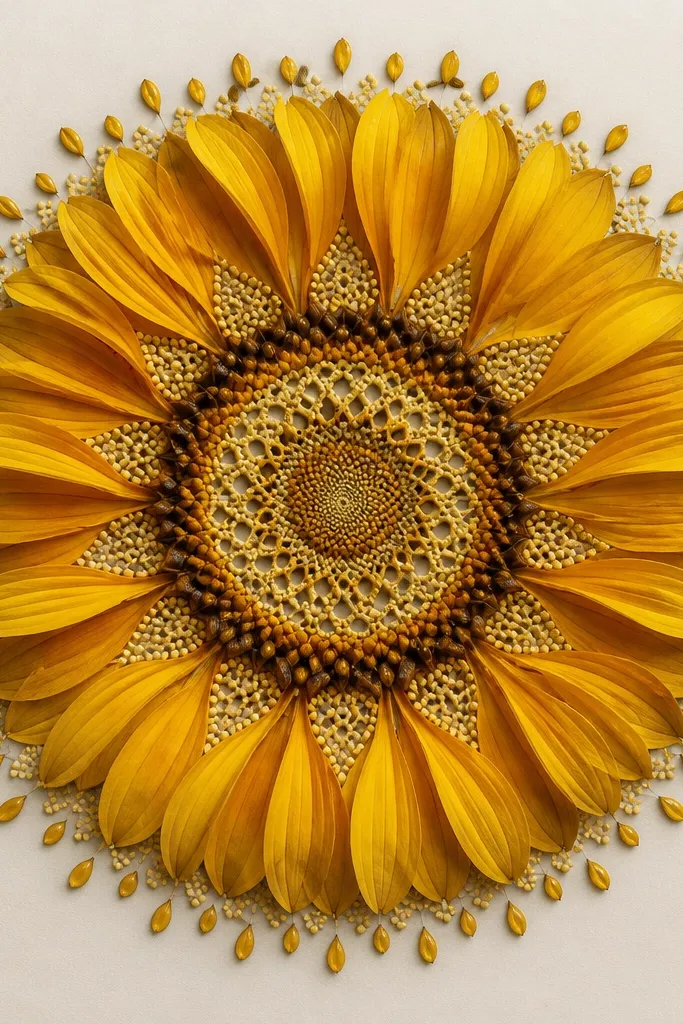 A sunflower mandala where petals droop like a fan. Between petals are small lace-like dot clusters. The center has a lacey spiral pattern, and the outer ring has tiny teardrop ornaments.