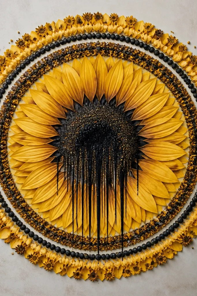 A sunflower mandala where the center looks like ink pooled and dripped downward. Petals are crisp and droop in a fan shape, while the center has vertical drip lines and darker shading. The mandala rings are neat circles.