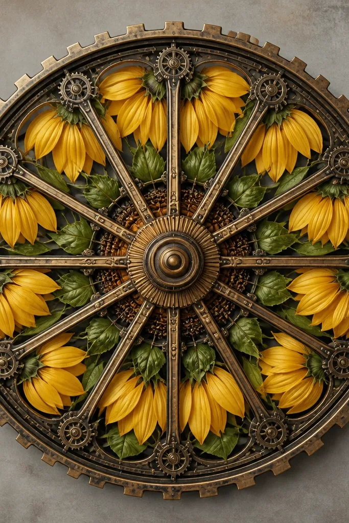 A sunflower mandala with clockwork spokes radiating from the center. Petals sit in fan sections between spokes and droop downward. The outer border has a gear-like ring with small notches.