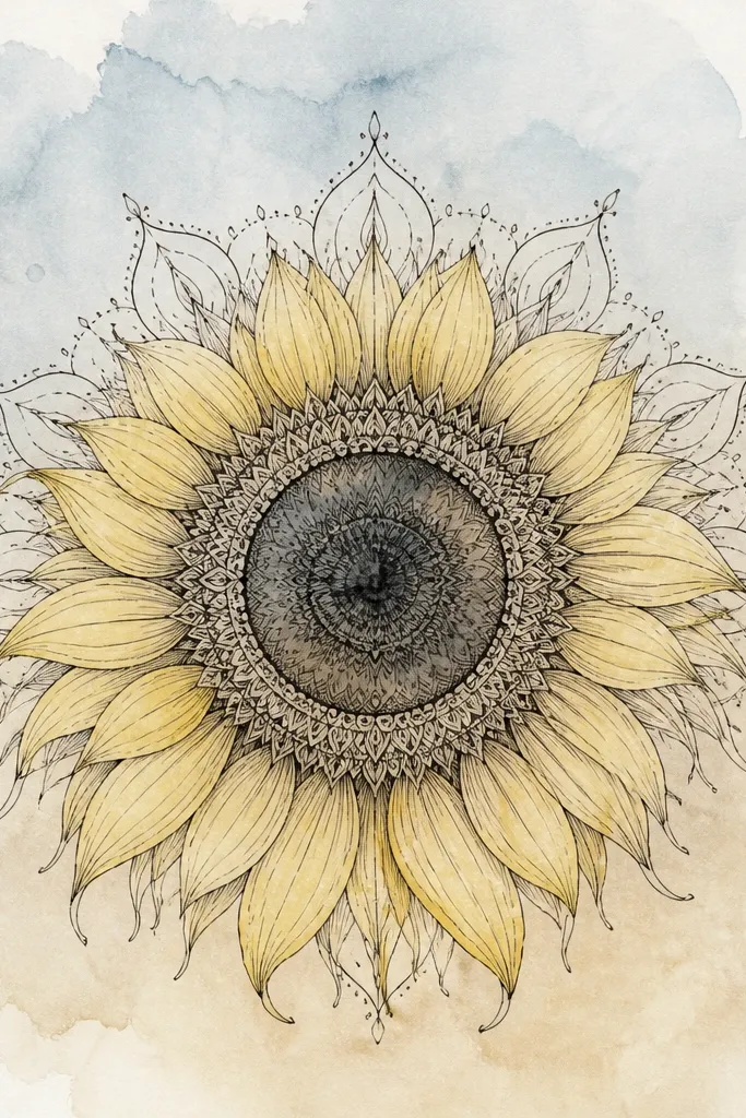 A sunflower mandala drawn in ink lines, with a pale watercolor wash behind it. The petals droop downward and are lightly tinted yellow, while the background wash fades from light blue-gray at the top to warm beige at the bottom. The center is darker ink with subtle watercolor pooling.