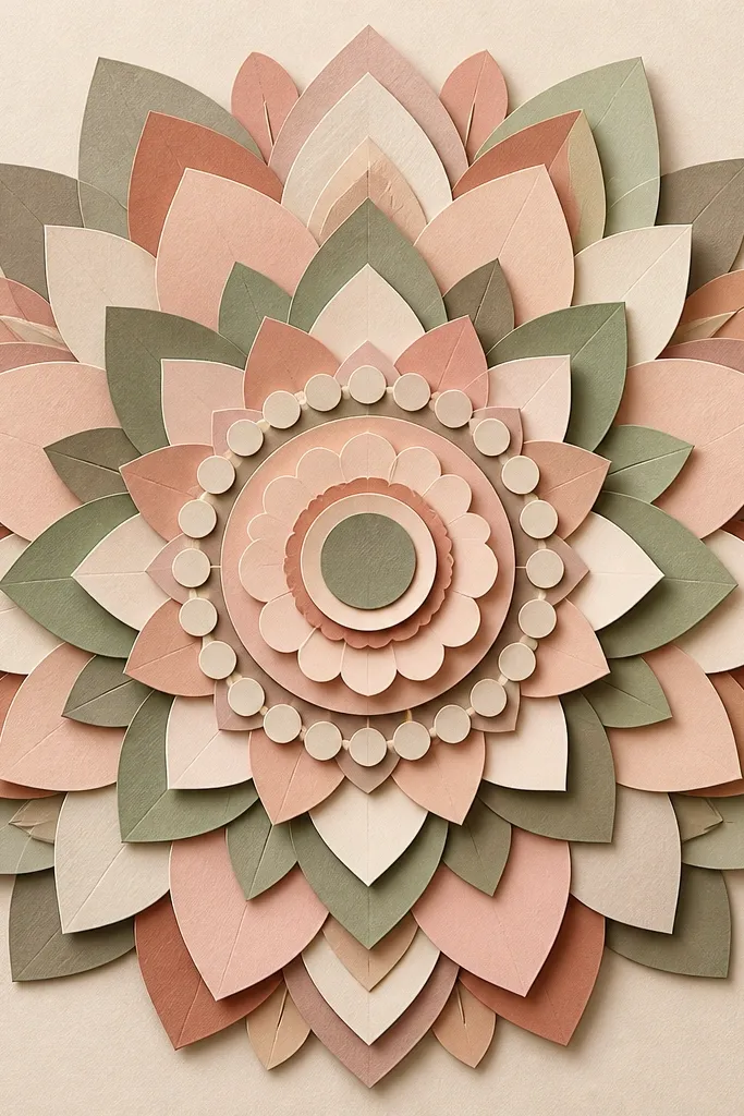 A mandala that looks like layered paper cutouts. Petals overlap like paper layers, with crisp edges and slight shadow outlines. The center has layered semicircle shapes and a dot ring.