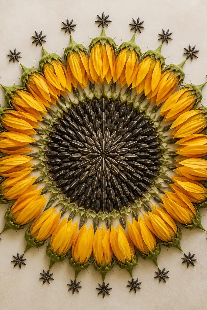 A sunflower mandala where the center is filled with starburst seed shapes pointing outward. Petals droop down in a circular fan, and the outer ring has small star icons. The overall structure looks like a sun even though the petals droop.