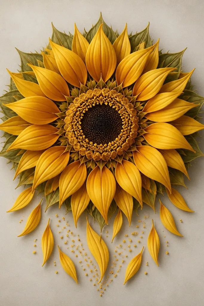 A sunflower mandala where petals droop and a few outer petals extend past the center downward like they're falling. The bottom arc has extra petal shapes and small pollen dots trailing down. The rest of the mandala stays tight and symmetrical.
