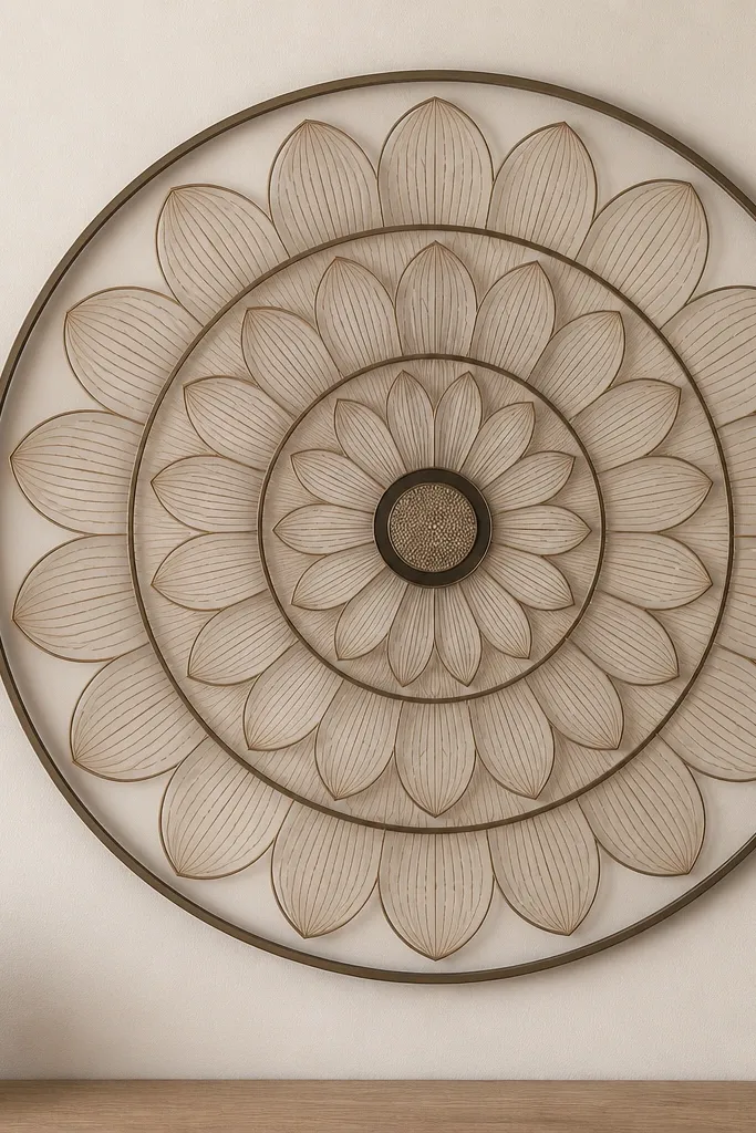 Petals droop downward and each petal has fine vein lines that cross near the center of the petal. The center has a tight dot grid and a dark outer ring. The mandala rings are thin and consistent.