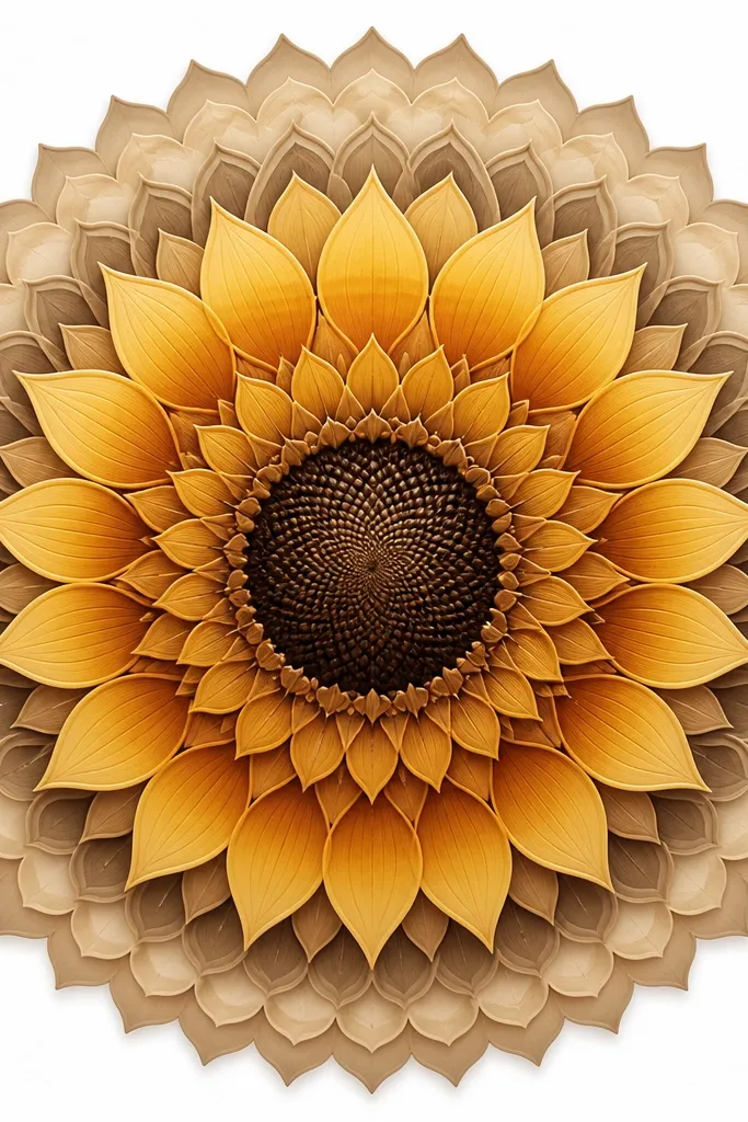 A mandala with petals that fade from bright yellow at the top of each petal to darker honey brown at the bottom. The center is dark and textured, and the outer rings are shaded in soft gradient bands. The background stays white.