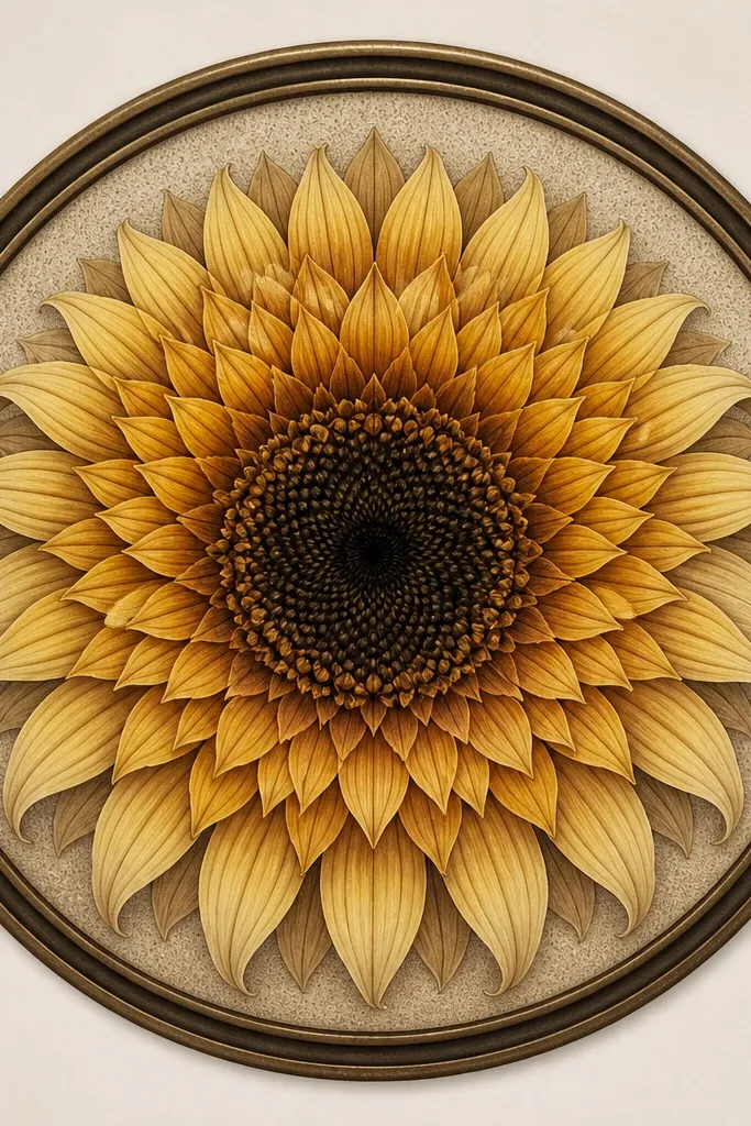 A sunflower mandala where all petal rings sit inside a thick double circle frame. Petals droop downward but stay neatly contained. The center is dark and dense, and the background inside the frame has faint dot shading.