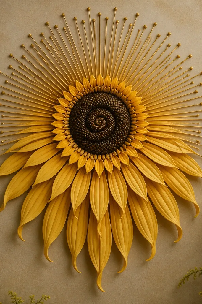 A sunflower mandala where rays extend outward from the center like a sun, but the rays fade downward into drooping petal shapes. The center has a dark spiral, and the outer ring shows ray lines that become shorter toward the bottom.