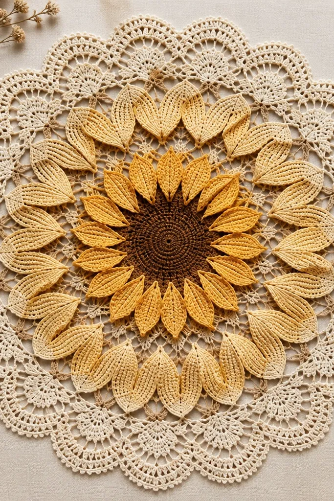 A sunflower mandala centered in a larger lace border. The petals droop in rings, and the space between petals is filled with small repeating lace motifs. The outer border has scallops and tiny loops like a doily pattern.
