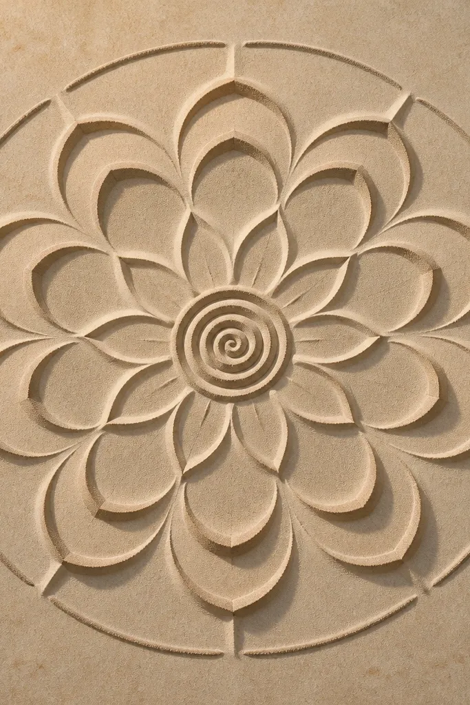 A mandala with petal arches that curve downward. Each petal has a crescent shadow under it, like a soft stamp. The center is a dark spiral, and the outer ring has evenly spaced curved separators.