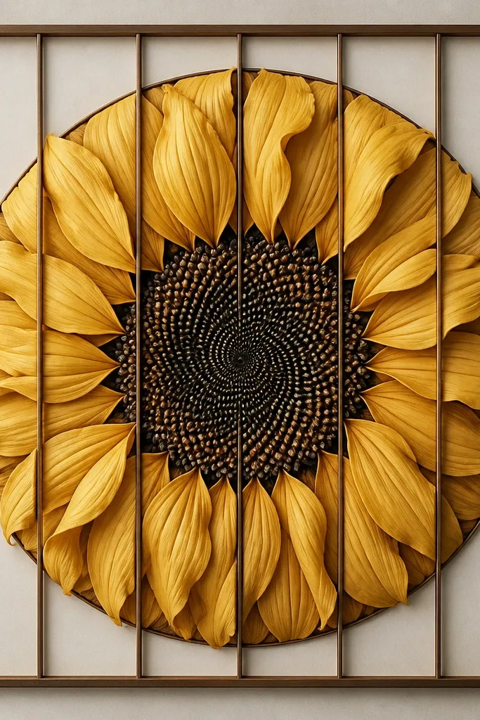 A sunflower mandala split into vertical sections by thin divider lines. Petals droop within each section, and the center is a dark dot spiral. The outer border is a simple rounded rectangle frame.