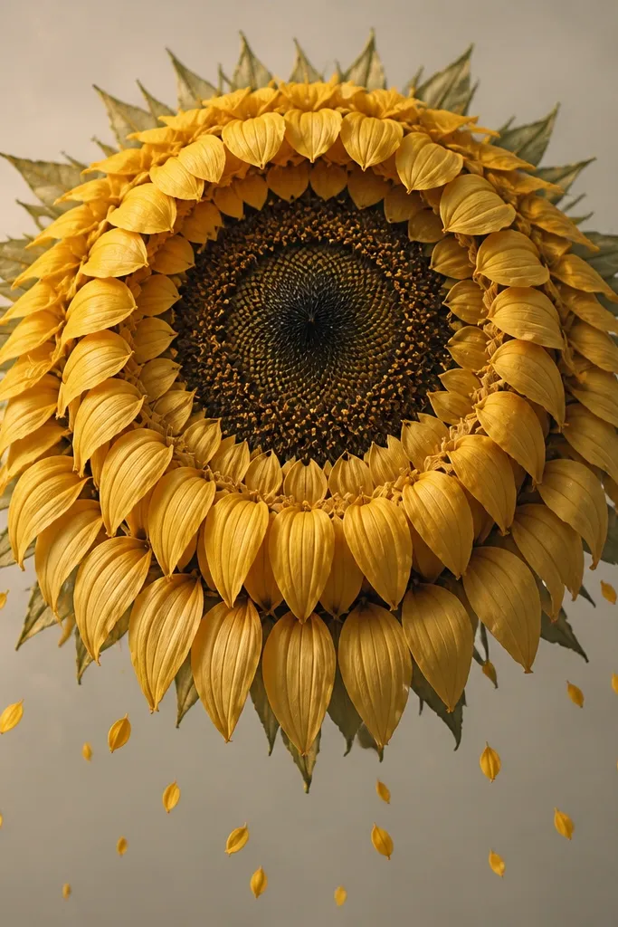 A sunflower mandala with the main petals drooping in rings. From the outer ring, small mini petals fall downward like confetti. The center is dark and detailed with tiny seed marks.