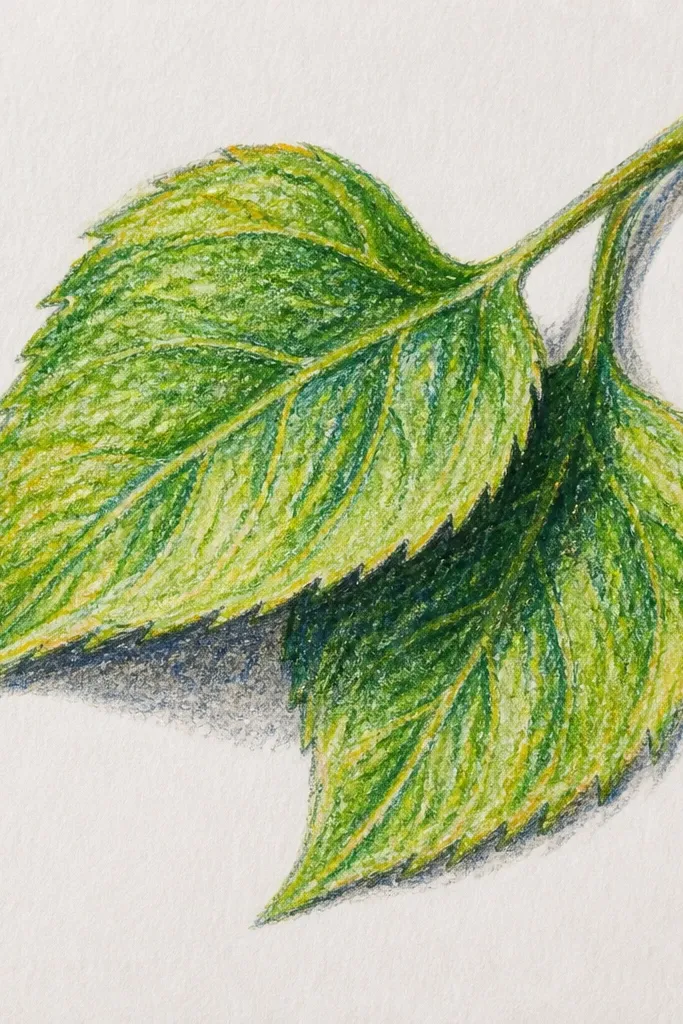 Two overlapping sunflower leaves with a clear shadow between them