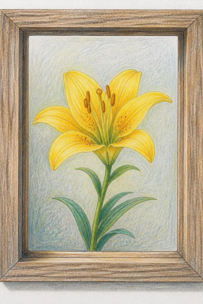 A hand-drawn yellow lily centered inside a thin rectangular border, with the lily angled slightly right; the background is off-white, and the petals have light pencil folds with faint gold shading.