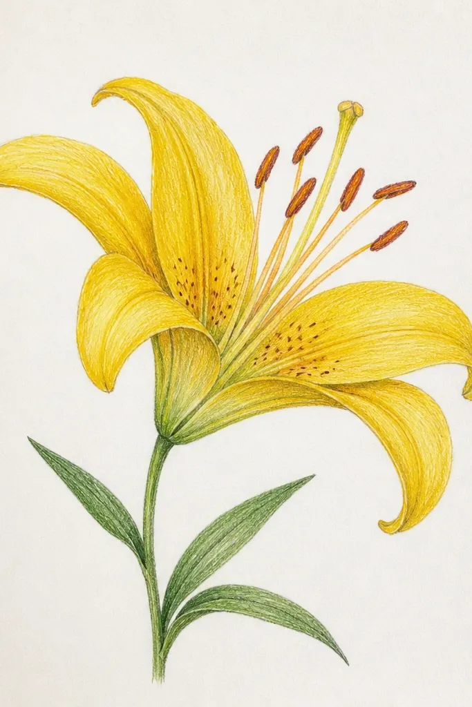 A side-view yellow lily facing left, drawn with clean outlines; the stamen extends like a thin antenna, and the background is a pale wash with faint horizontal paper texture.