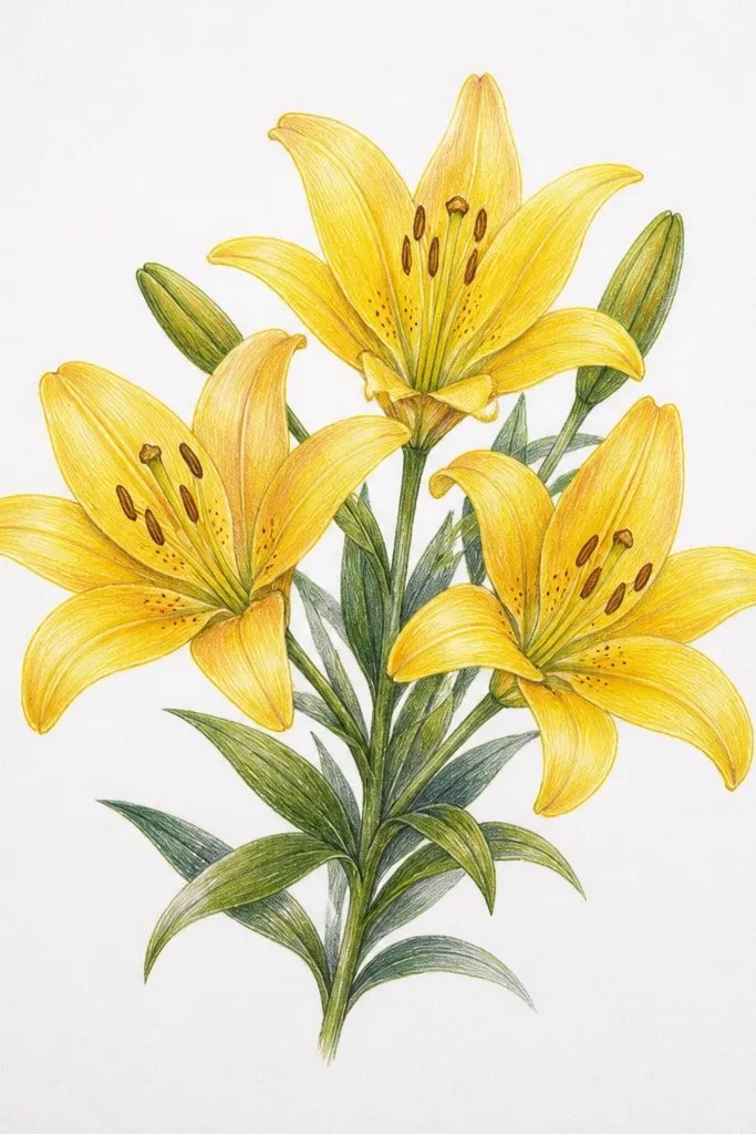Three small yellow lilies clustered together like a bouquet; petals overlap, and each lily has slightly different shading intensity; the background is light cream with tiny specks.