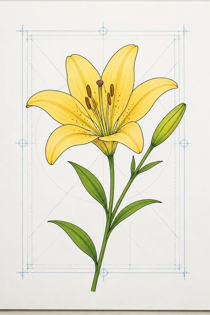 A yellow lily drawn in pen with gold shading over a faint blue grid and technical lines; the lily is centered and crisp against the blueprint pattern.
