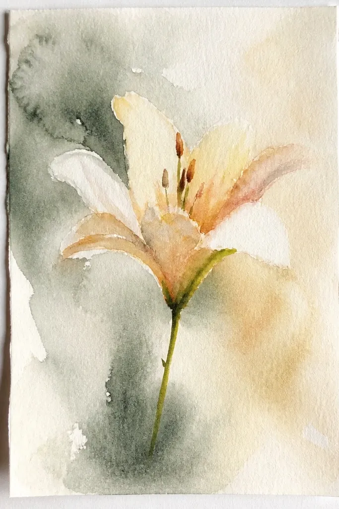 A lily painted with soft watercolor washes on slightly textured recycled paper; petals fade from pale yellow at the edges to golden near the center.