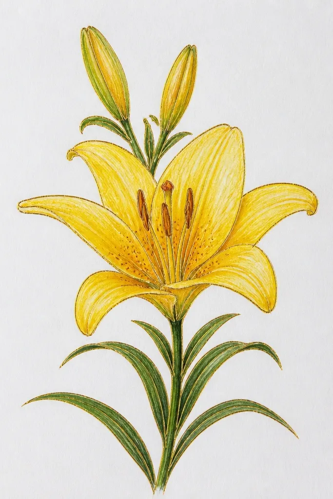 Sharp gel pen outlines of a yellow lily with smooth shading; a metallic gold pen highlights the petal folds and stamen; background is plain off-white.