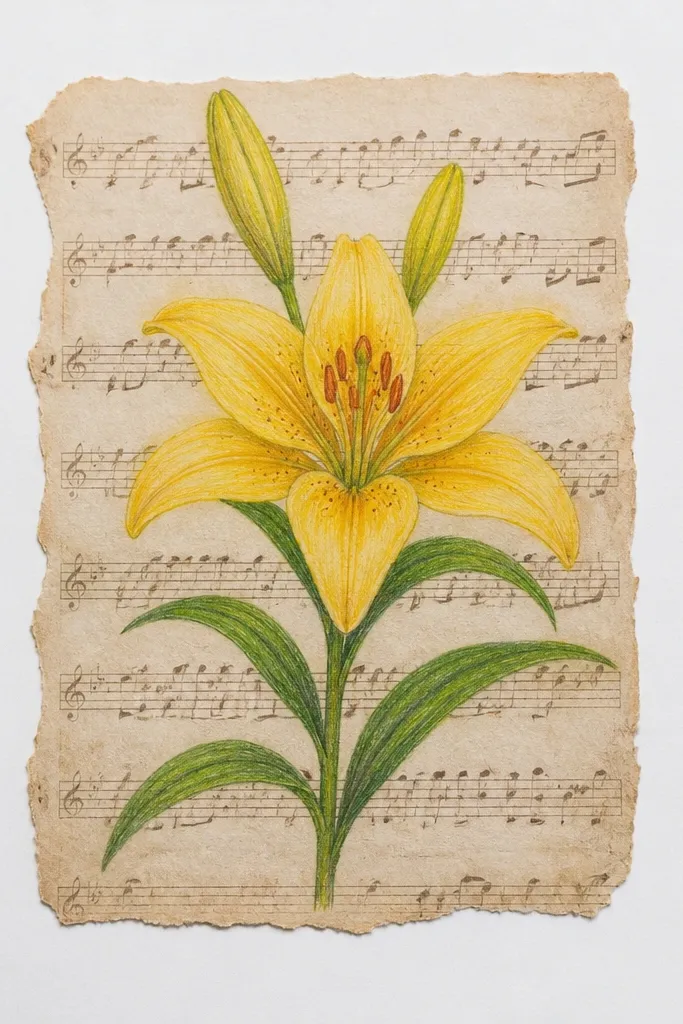 A yellow lily drawn over faded black music notes on an aged paper background; the lily petals are pale yellow with darker center shading.