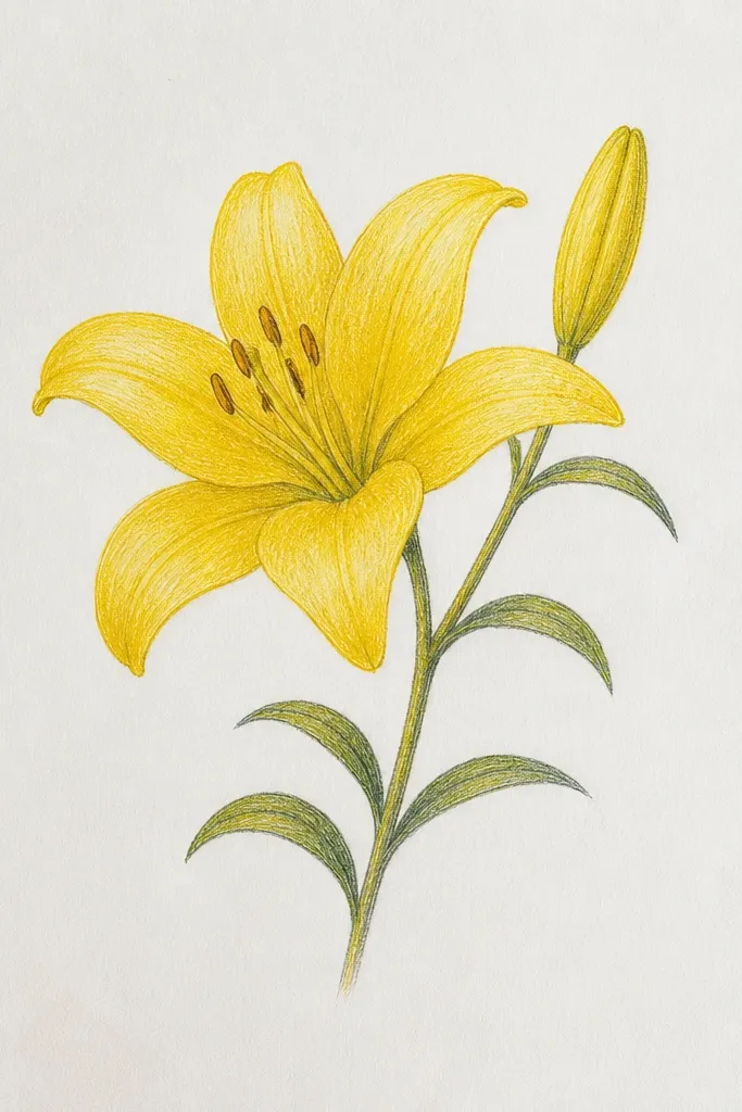 A single yellow lily drawn in soft pencil gradients only, with no pen outline; the background is plain white and the lily has subtle shadowing.