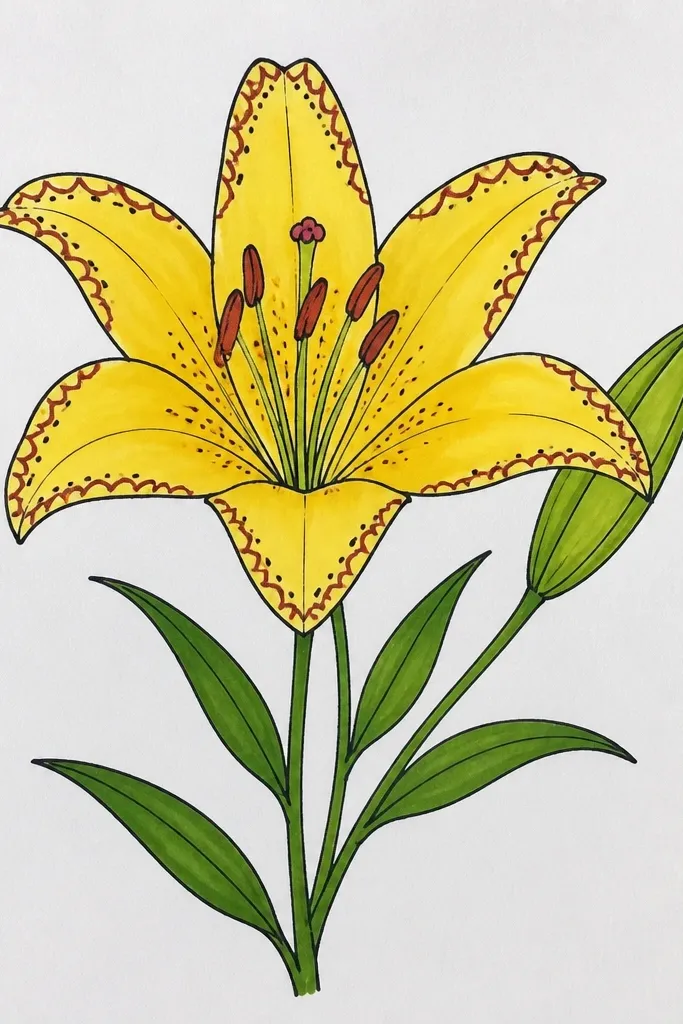 A yellow lily where each petal edge has tiny repeating marks like short dashes and dots; the center has smooth shading and the background is off-white.