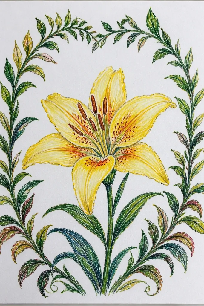 A yellow lily centered under two flowing leaf arches; the leaves are simple line drawings and the lily has pale yellow shading with orange base.