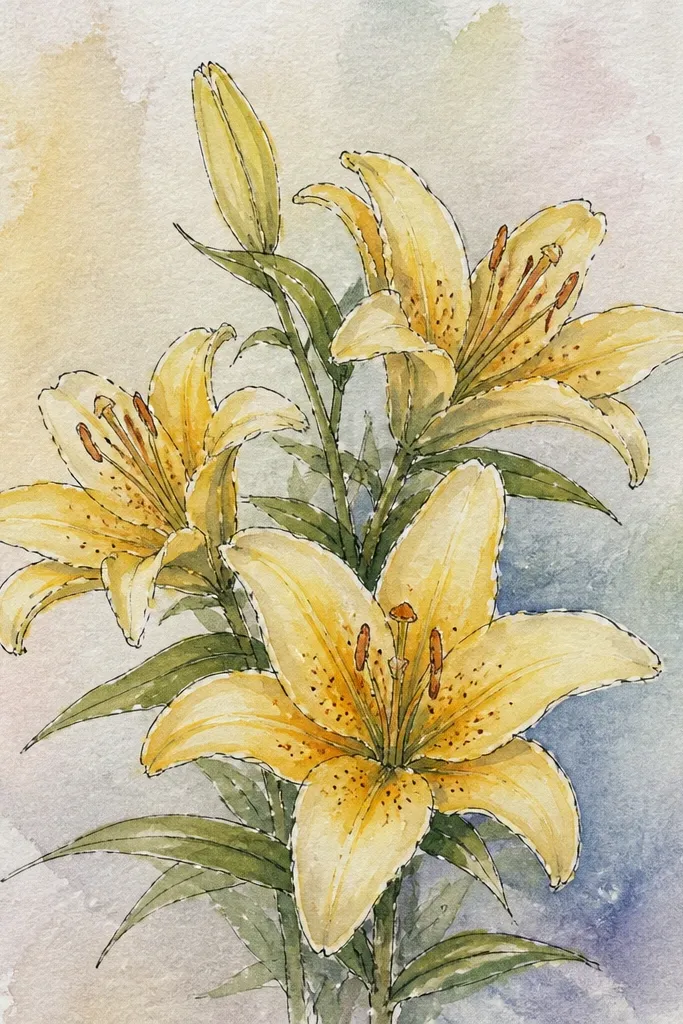 Three yellow lilies sitting on a soft gradient background that fades from pale cream at top to light warm gray at bottom; petals have gentle shading.