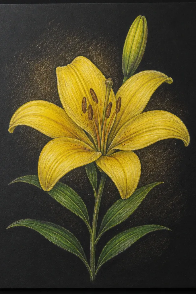 A bright yellow lily drawn on black cardstock, with gold wash highlights and pale yellow edges; the stamen looks crisp against the dark background.