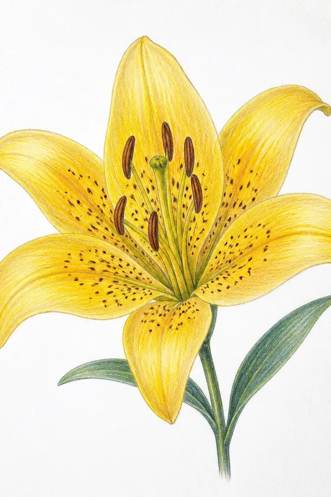 A centered yellow lily with detailed dotted stamen and small speckle dots around the flower; the petals are shaded with soft yellow gradients.