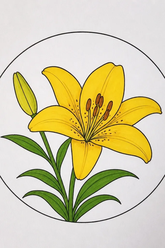A yellow lily inside a hand-drawn circle border; the circle line is darker and the lily has pale yellow petals with orange base shading.