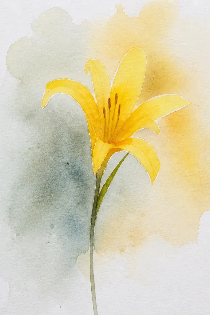 A yellow lily on cream paper with soft watercolor blob shapes behind it in pale yellow and light peach; petals have gentle yellow shading.