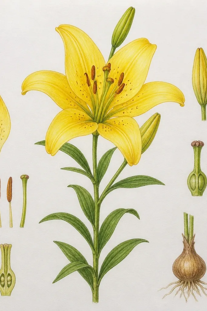 A yellow lily drawn with labeled callouts and simple leader lines; the background is off-white with a faint grid and small typed-style label text.