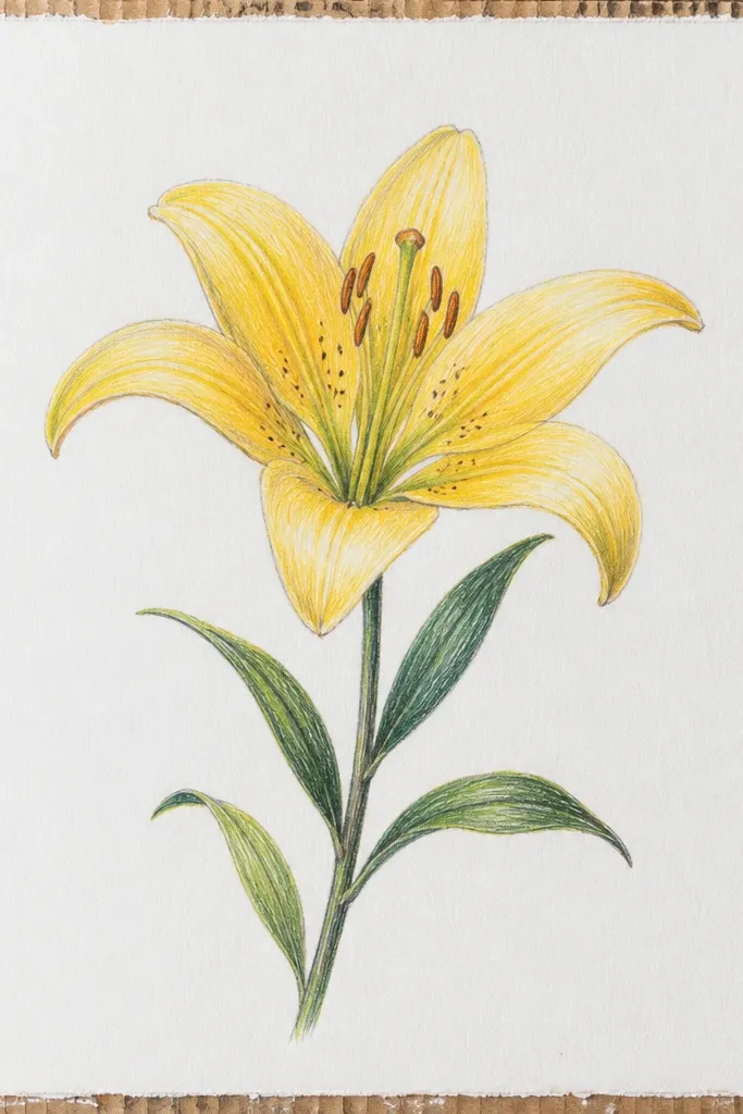 A yellow lily painted on sanded cardboard panel with a white gesso layer; the lily has warm yellow petals and crisp black outlines.
