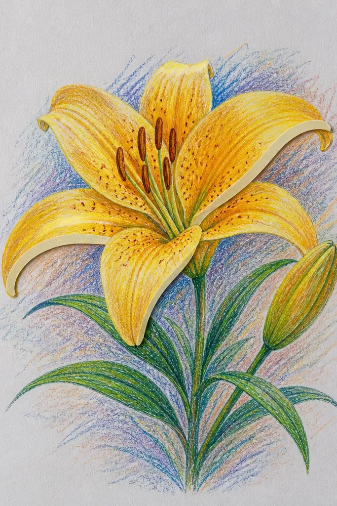 A layered craft piece where some petal highlights are cut from yellow paper and layered on top of a drawn lily; edges are visible and the background is cream.