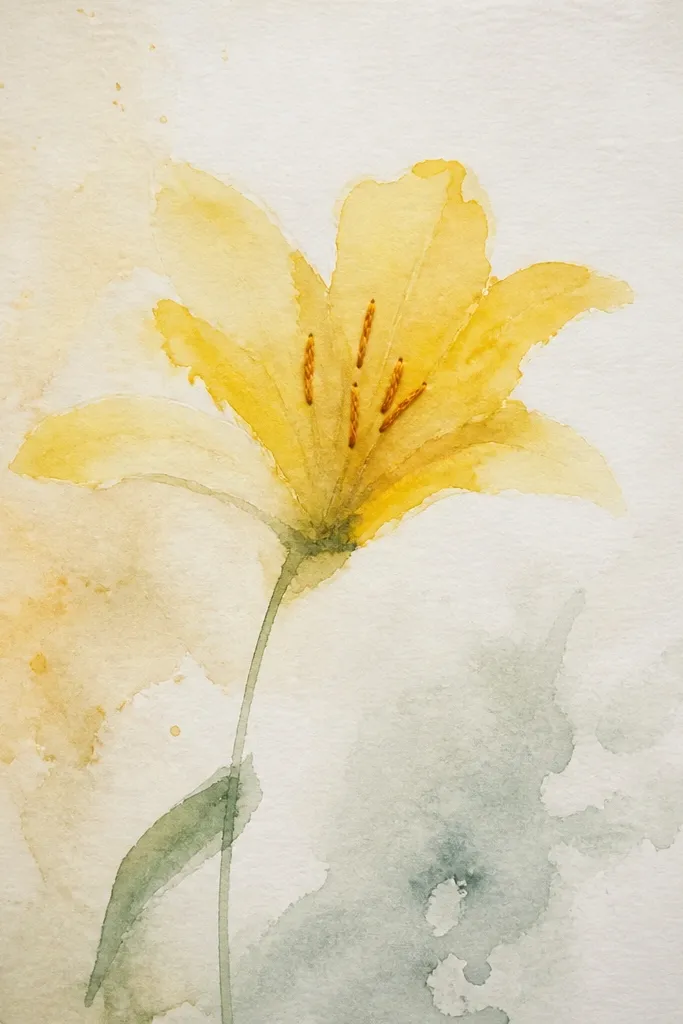 A yellow lily drawn on fabric or fabric-like paper with small stitched lines around petal edges; stamen has dot accents and the background is light linen-colored.