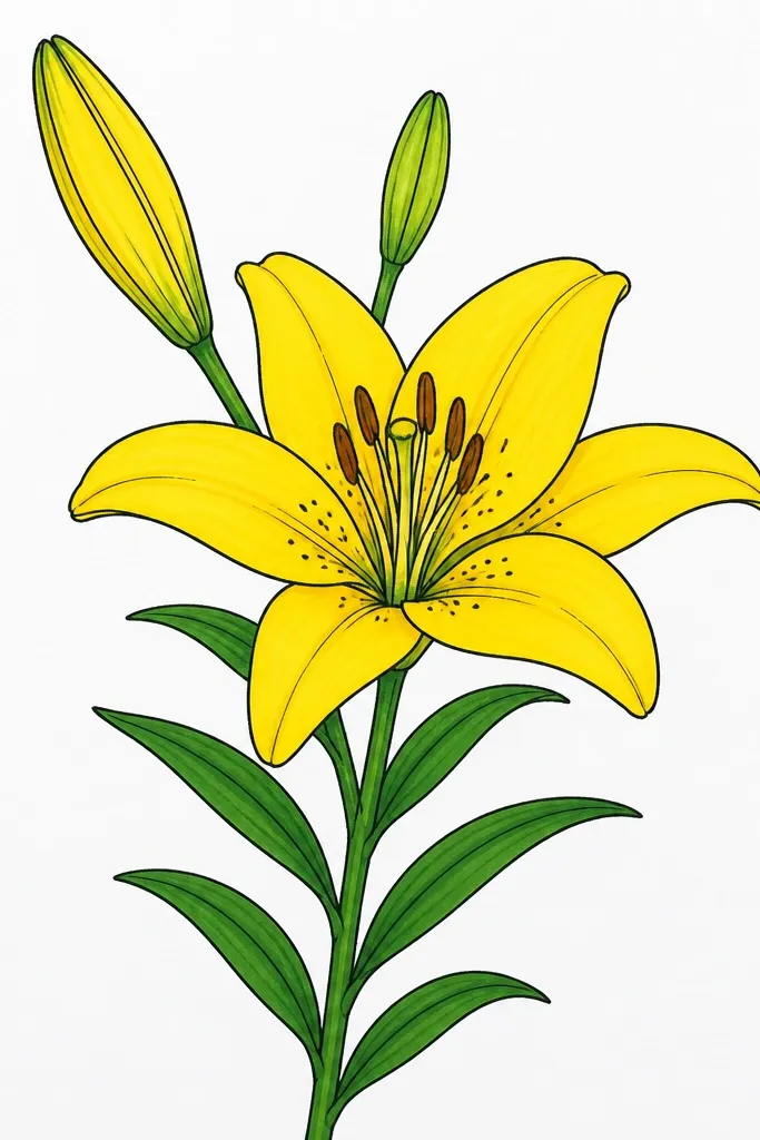 A yellow lily drawn with thick black outlines like a poster, with limited yellow fill and one orange shadow patch; background is solid off-white.