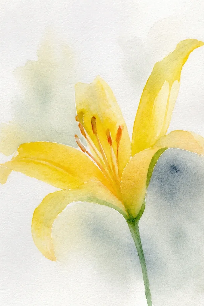 A yellow lily with a stamen that fades from dark gold at the center to pale yellow at the tips; petals have soft shadow gradients.