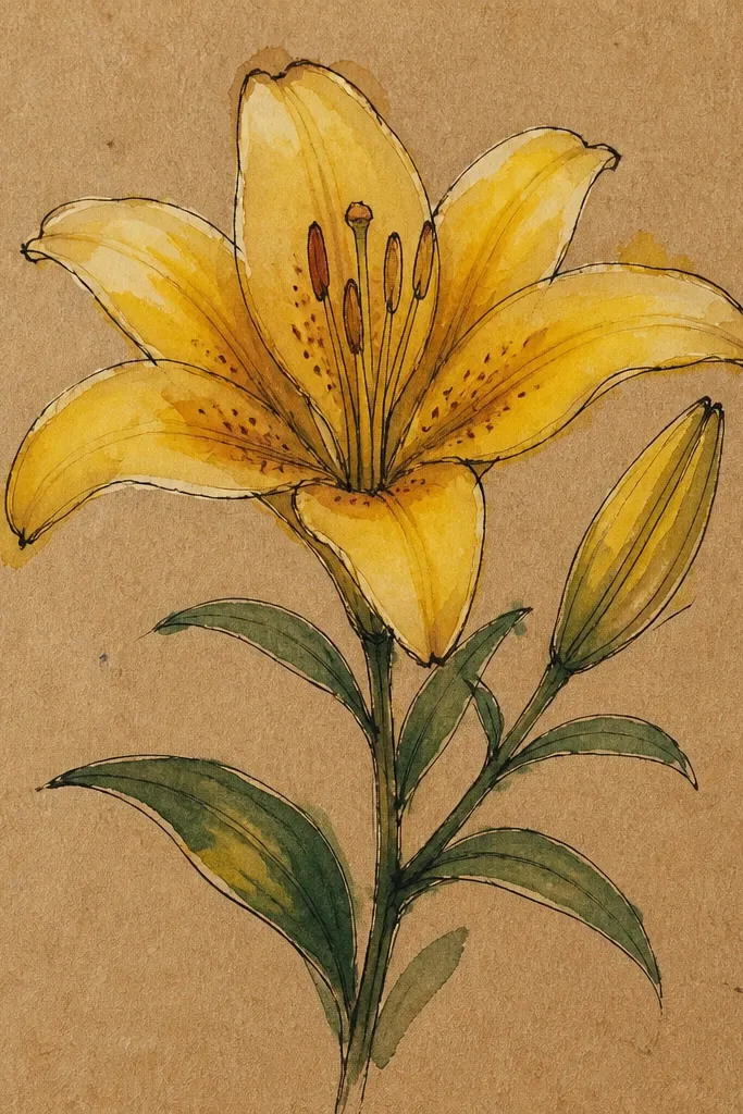 A yellow lily drawn on kraft brown paper; outlines are dark brown ink, petals are painted with pale yellow and golden highlights; the stamen is warm gold.