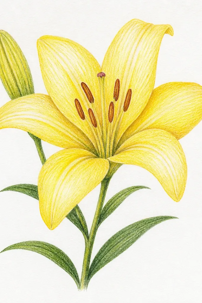 A yellow lily where the petal veins are created by leaving thin white lines uncolored; the petals are shaded in yellow wash with crisp white vein lines.