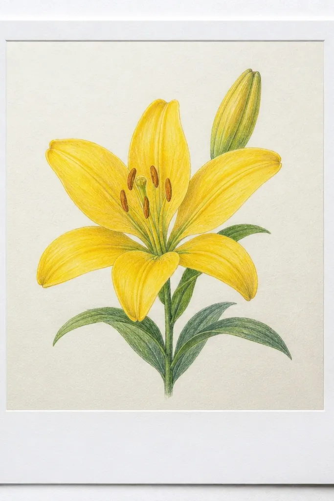 A lily drawing centered on white paper with a thick border like a Polaroid; the lily has yellow petals and orange base shading; handwritten-style date text sits near the bottom.