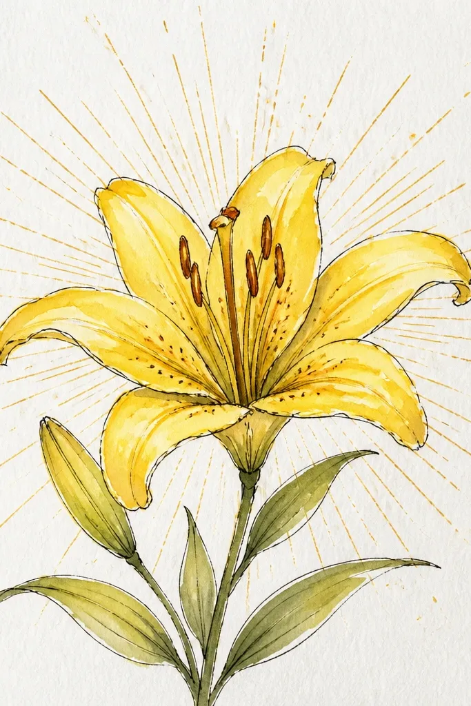 A yellow lily centered in front of radiating sunburst lines drawn in soft pencil; petals are painted with yellow-gold and the stamen is dark gold.